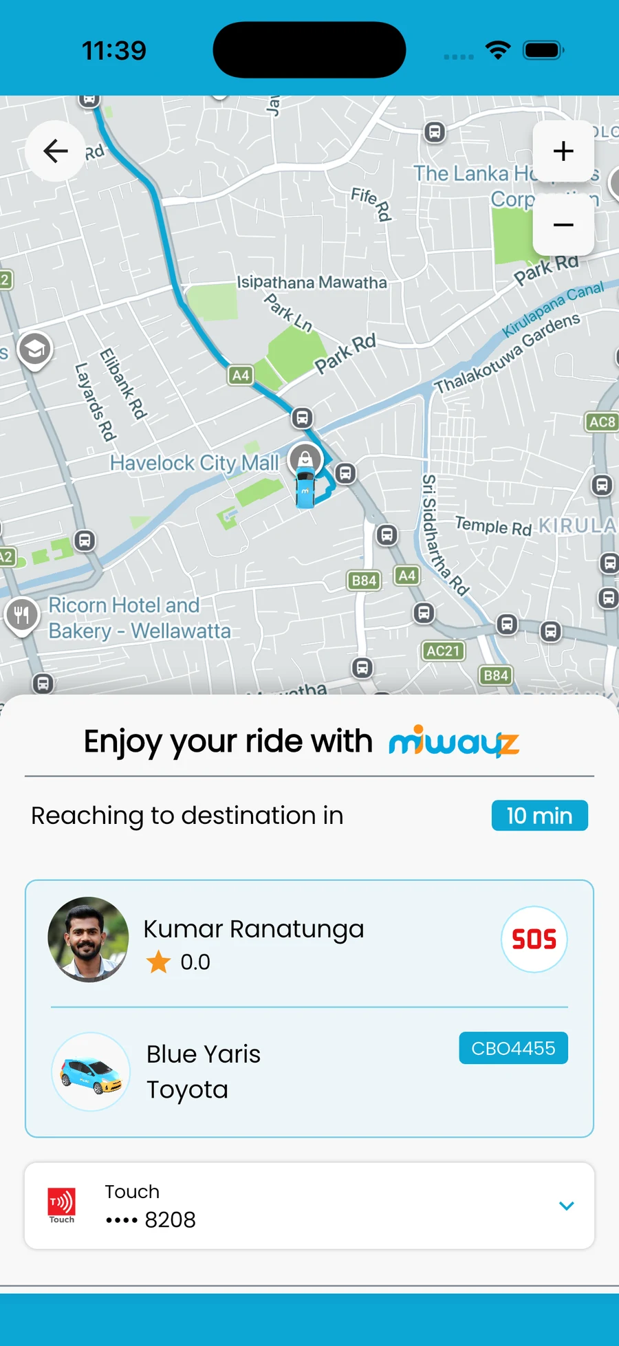 The Miwayz app showing a live trip reaching its destination on a Colombo map