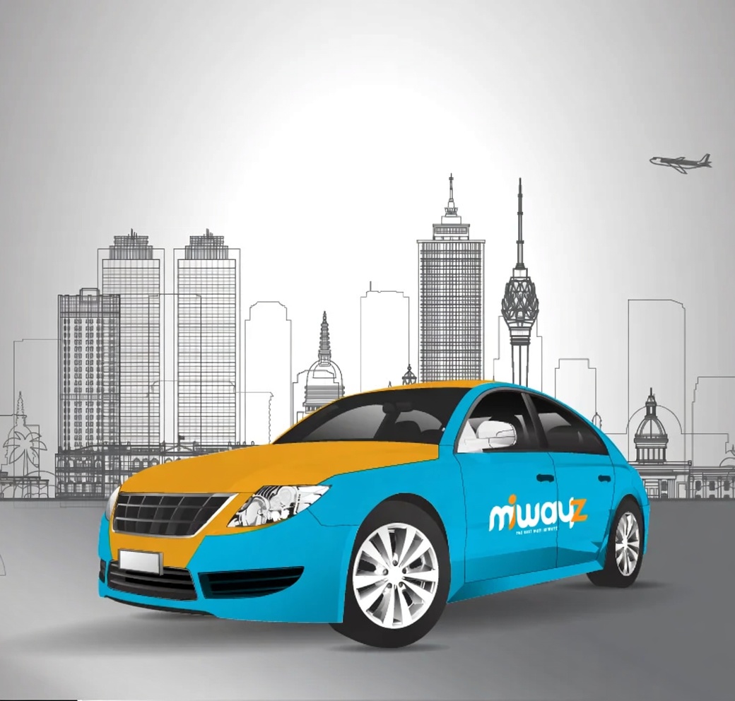 A Miwayz-branded car in front of the Colombo skyline
